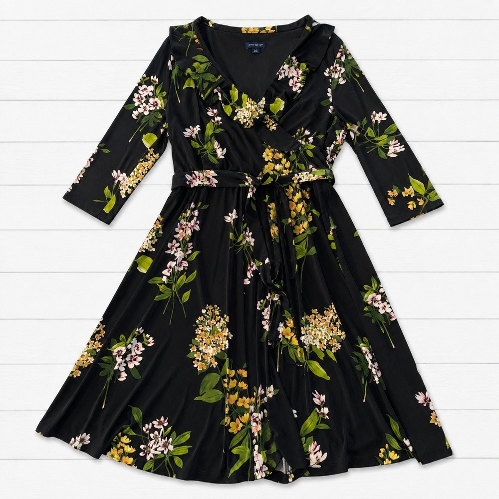 Tommy Hilfiger Black Floral Wrap Midi Dress with Green and Yellow Accents